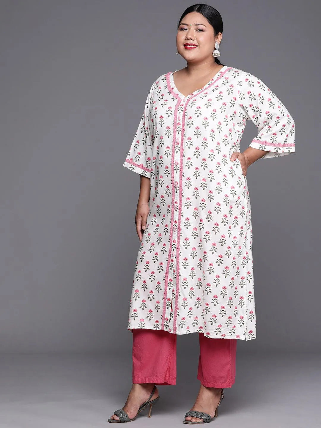 Plus Size White Printed Cotton Kurta - Libas