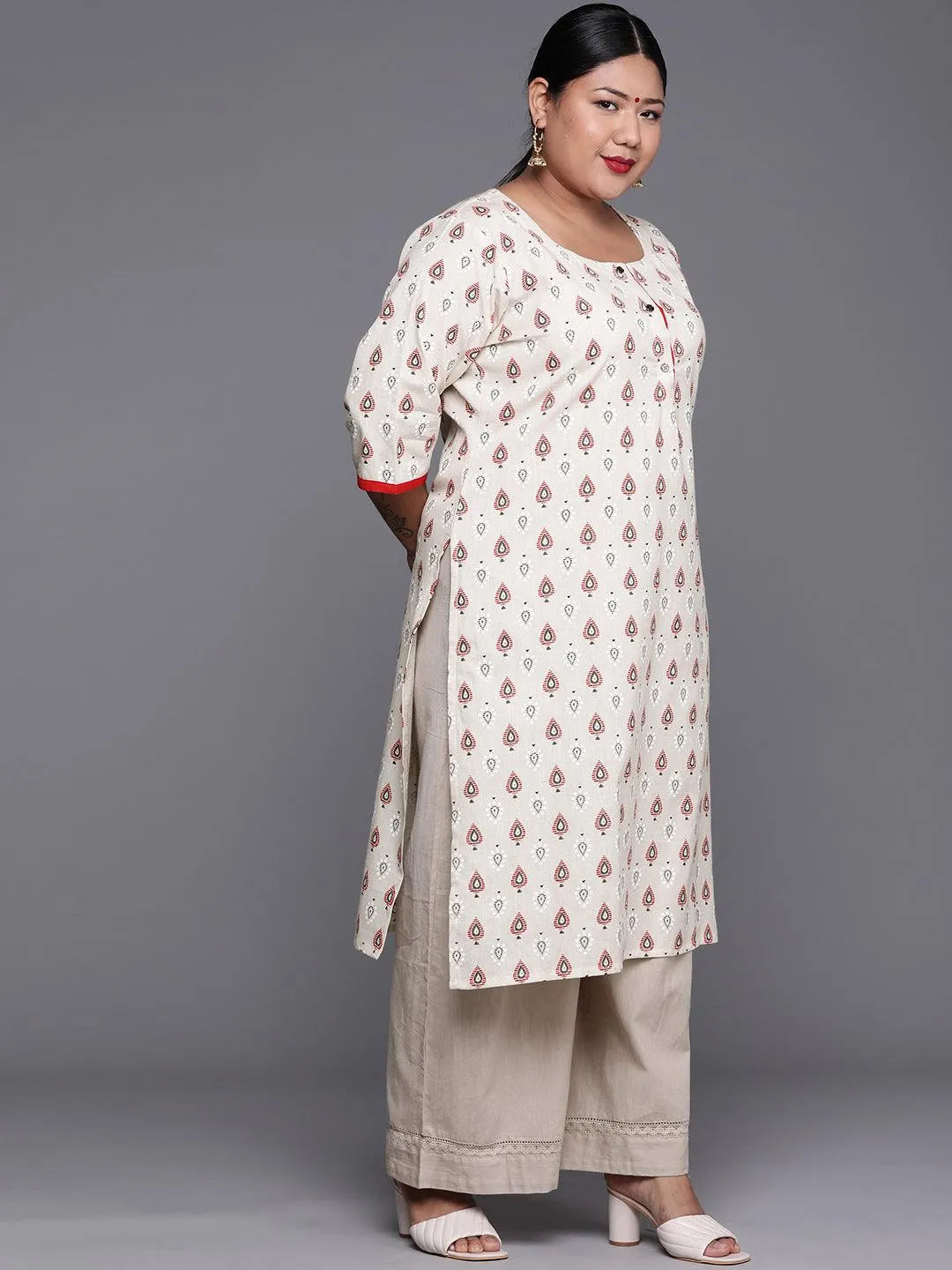 Plus Size White Printed Cotton Kurta - Libas