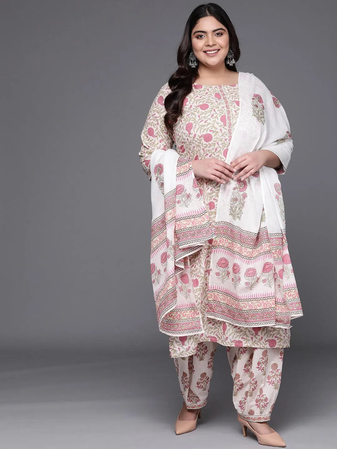 Plus Size White Printed Cotton Straight Kurta With Salwar & Dupatta - Libas