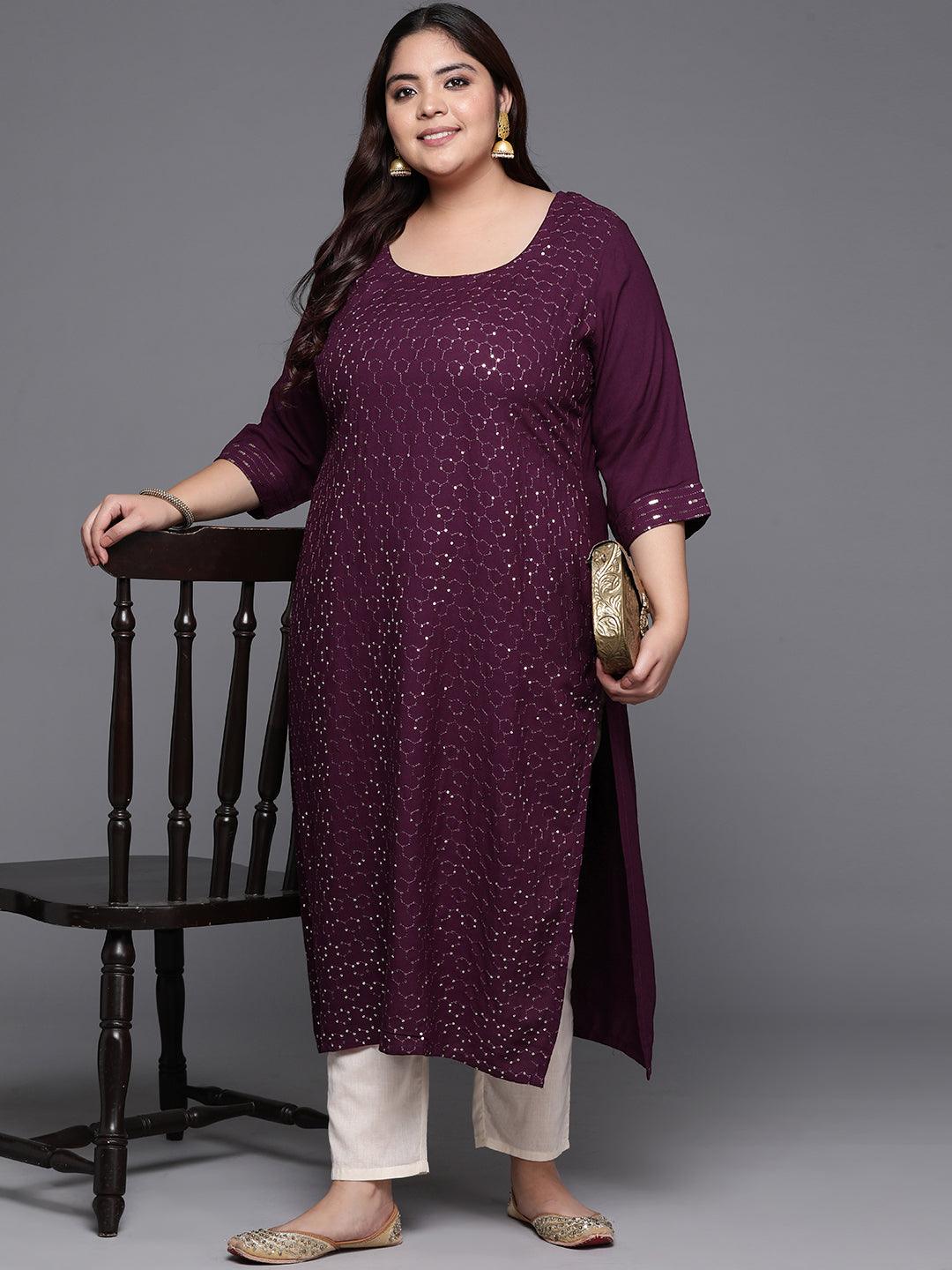 Plus Size Wine Embellished Rayon Straight Kurta - Libas