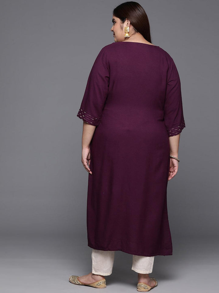 Plus Size Wine Embellished Rayon Straight Kurta - Libas