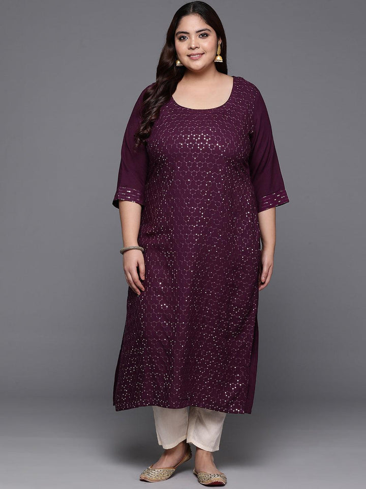 Plus Size Wine Embellished Rayon Straight Kurta - Libas