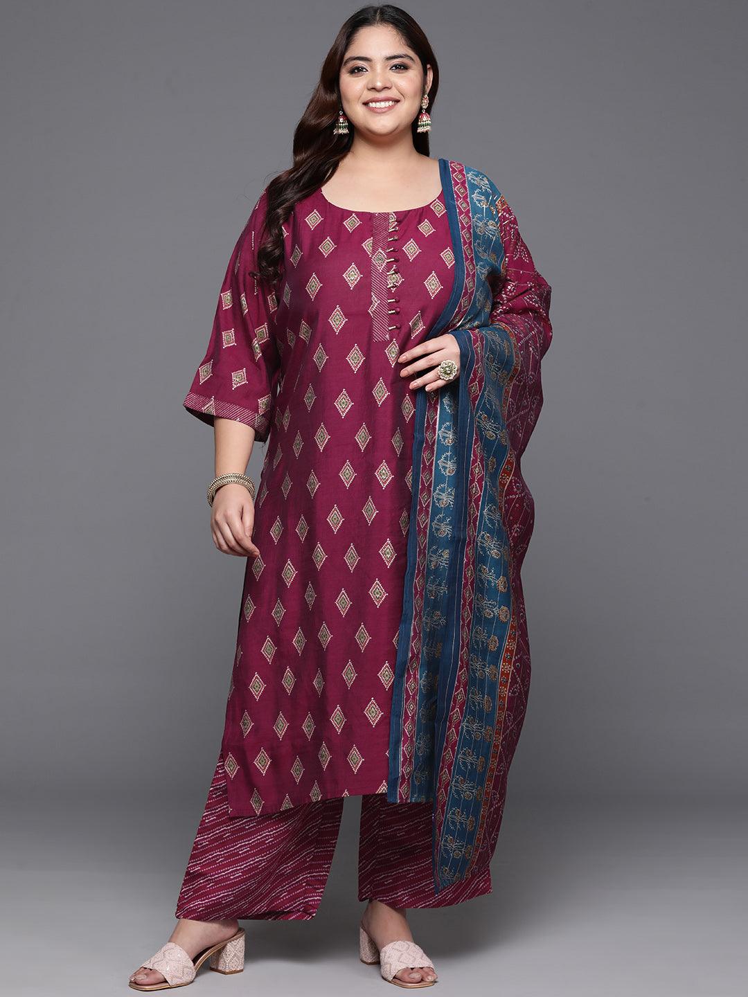 Plus Size Wine Printed Silk Blend Straight Kurta With Trousers & Dupatta - Libas