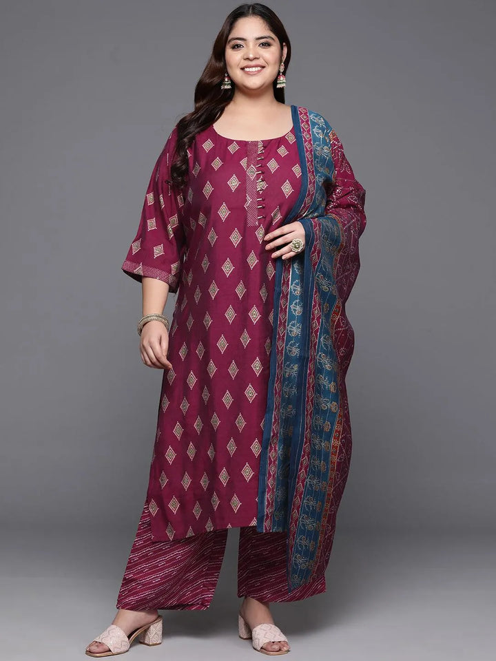 Plus Size Wine Printed Silk Blend Straight Kurta With Trousers & Dupatta - Libas