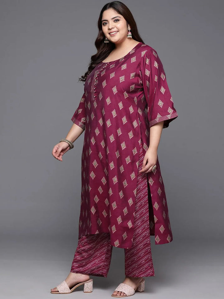 Plus Size Wine Printed Silk Blend Straight Kurta With Trousers & Dupatta - Libas