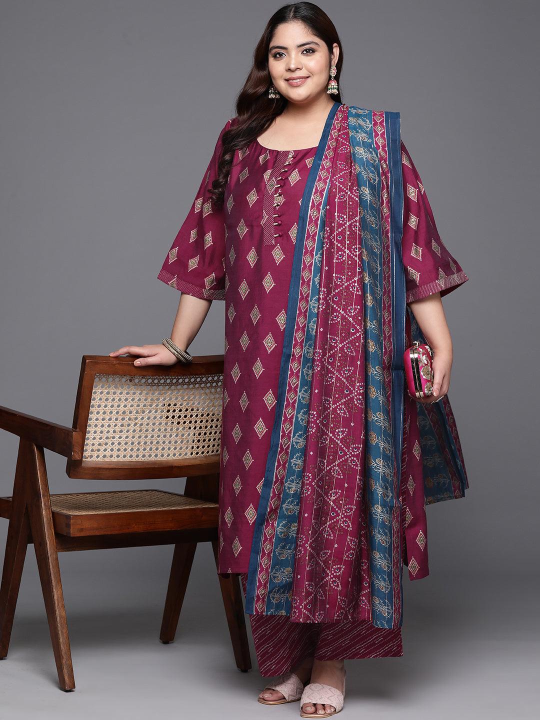 Plus Size Wine Printed Silk Blend Straight Kurta With Trousers & Dupatta - Libas