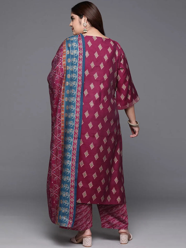 Plus Size Wine Printed Silk Blend Straight Kurta With Trousers & Dupatta - Libas