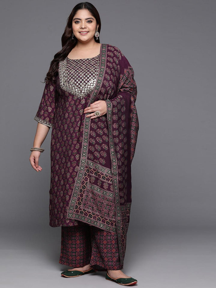 Plus Size Wine Yoke Design Silk Blend Straight Kurta With Trousers & Dupatta - Libas