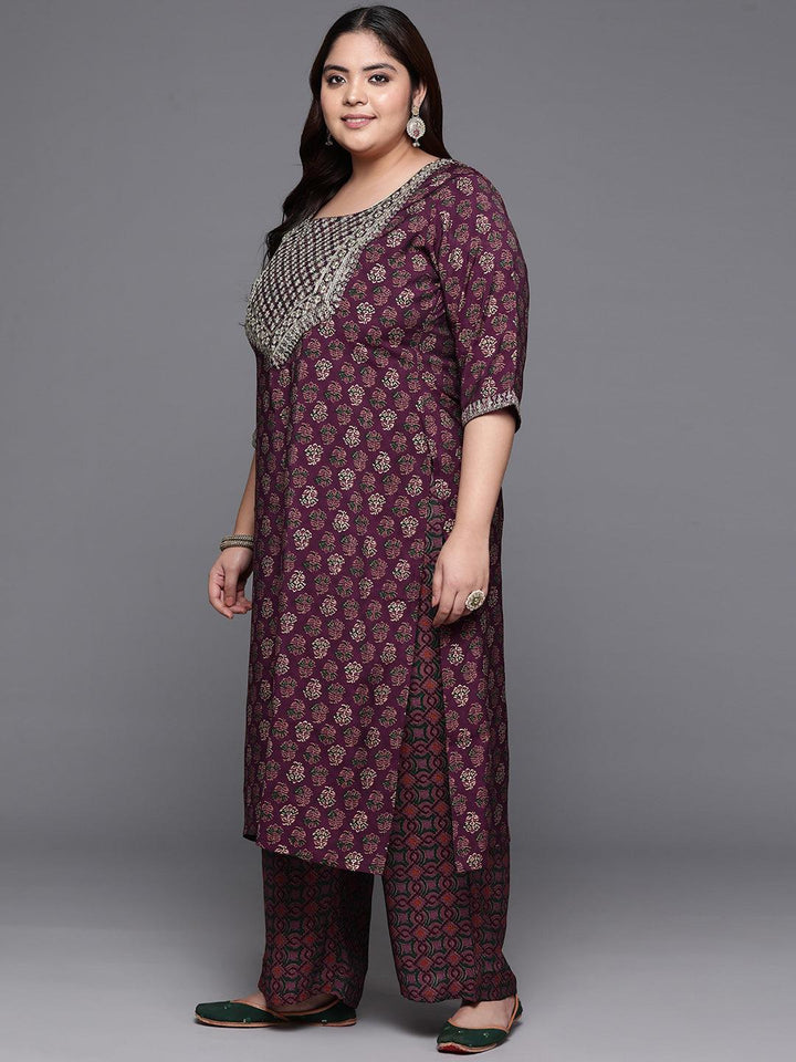 Plus Size Wine Yoke Design Silk Blend Straight Kurta With Trousers & Dupatta - Libas