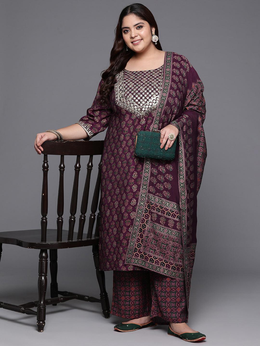 Plus Size Wine Yoke Design Silk Blend Straight Kurta With Trousers & Dupatta - Libas