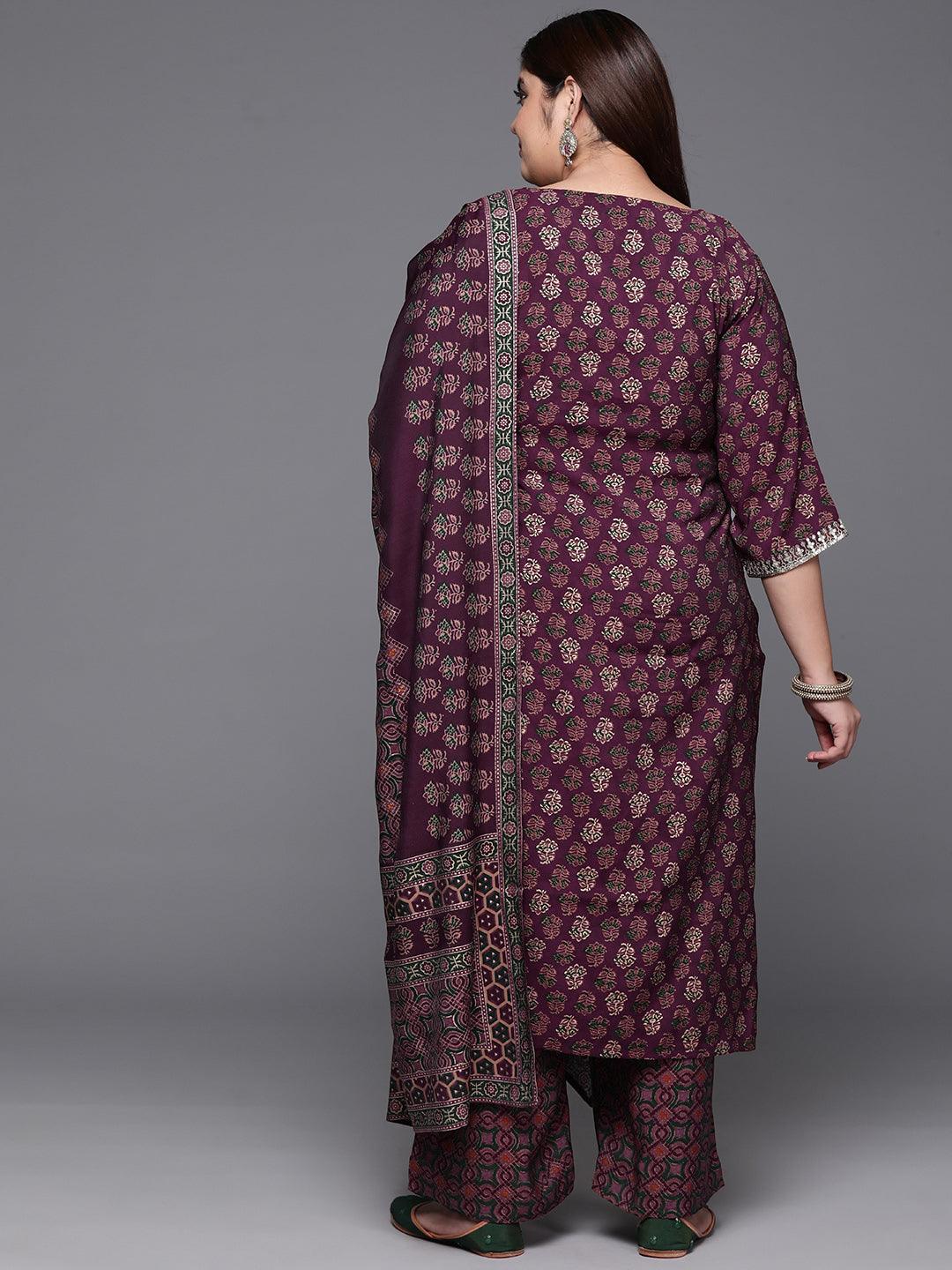 Plus Size Wine Yoke Design Silk Blend Straight Kurta With Trousers & Dupatta - Libas