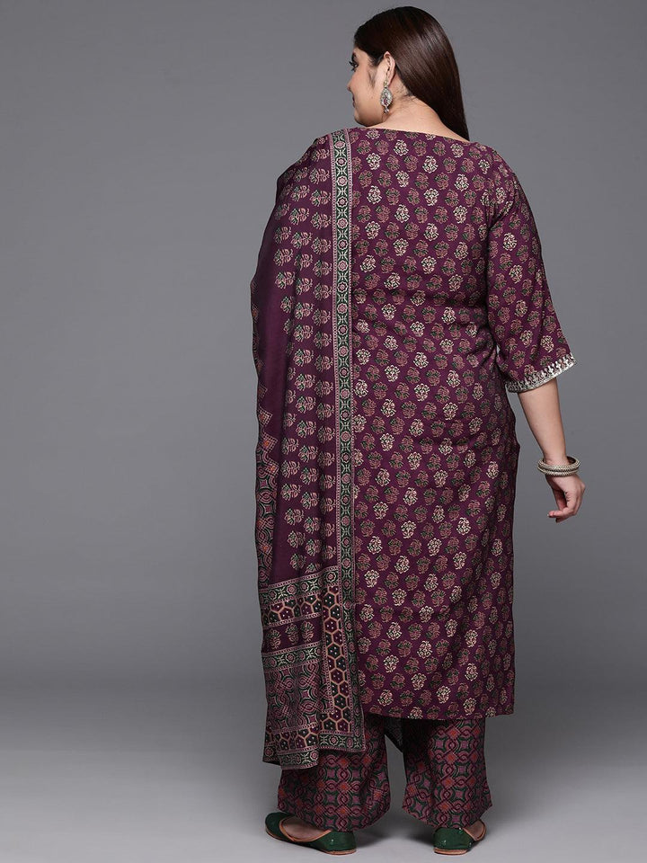 Plus Size Wine Yoke Design Silk Blend Straight Kurta With Trousers & Dupatta - Libas