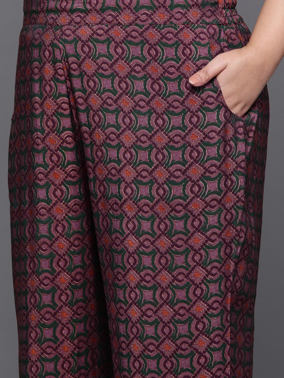 Plus Size Wine Yoke Design Silk Blend Straight Kurta With Trousers & Dupatta - Libas