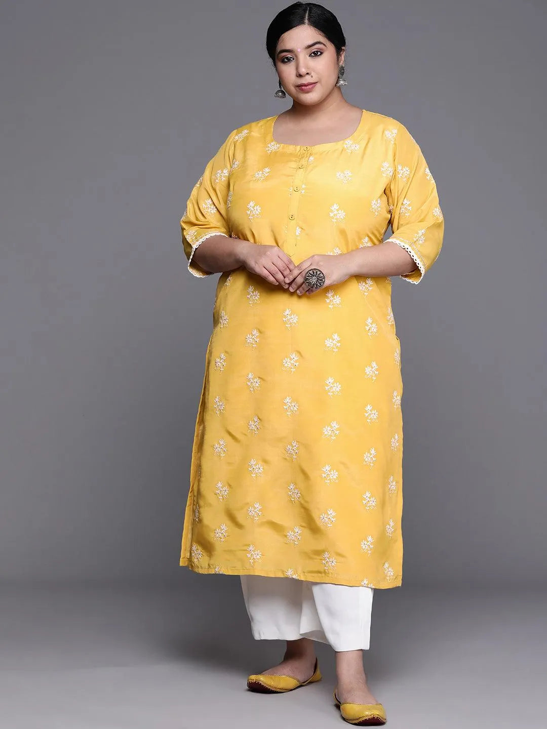 Plus Size Yellow Embroidered Chanderi Silk Kurta - Libas