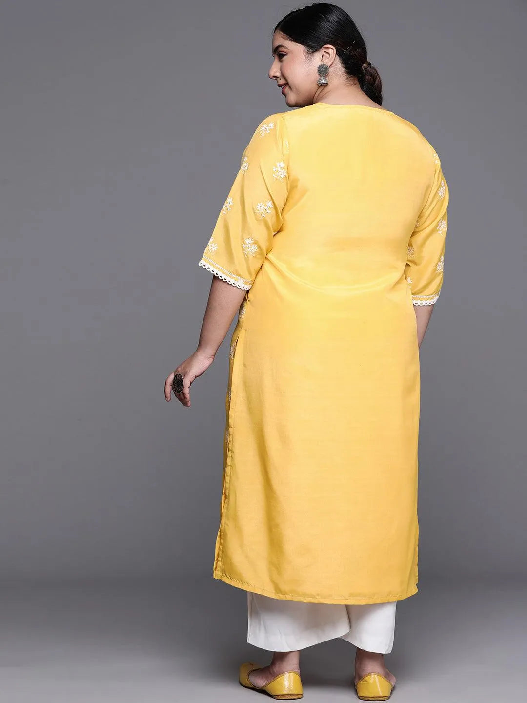 Plus Size Yellow Embroidered Chanderi Silk Kurta - Libas