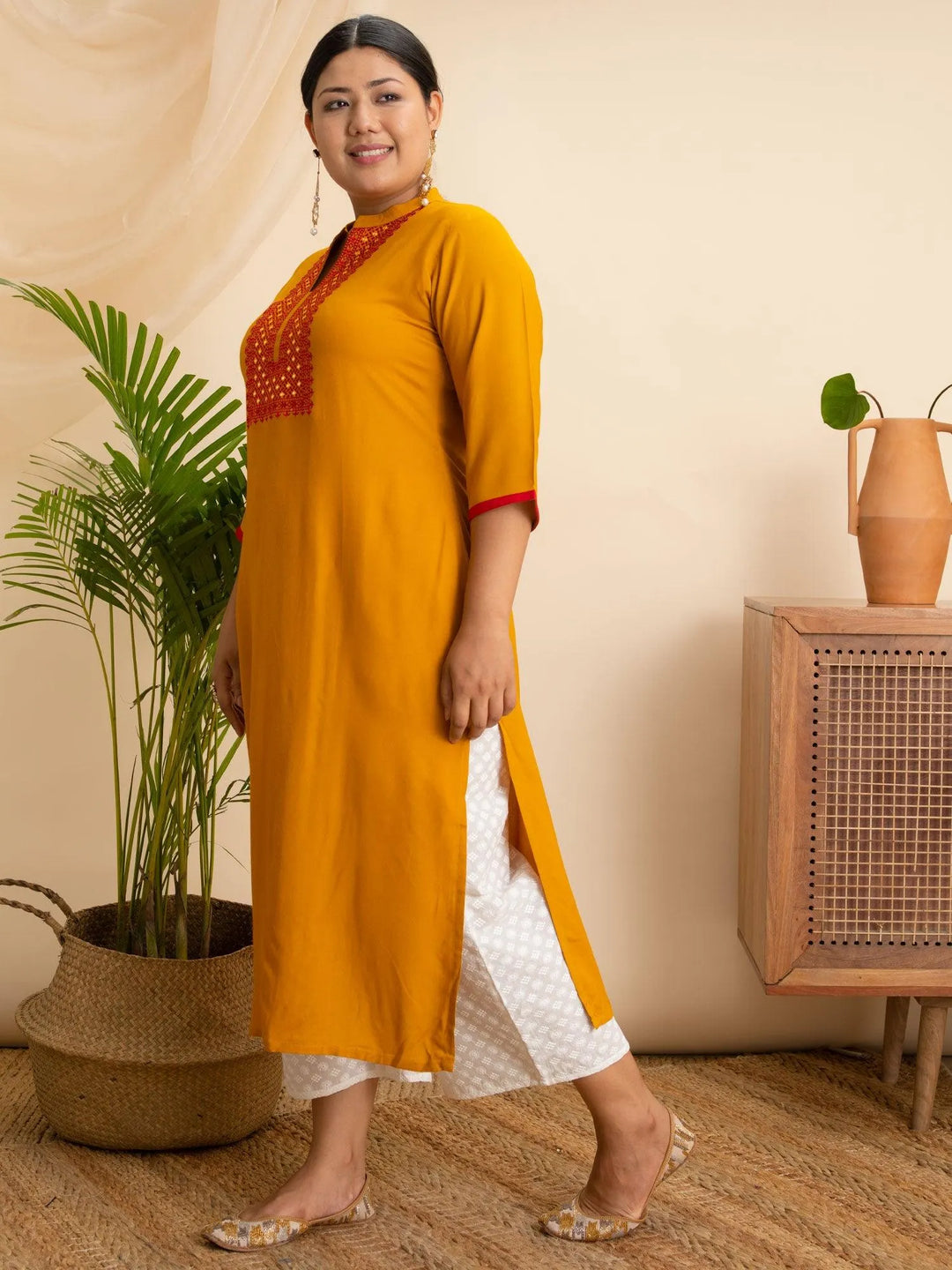 Plus Size Yellow Embroidered Rayon Kurta - Libas 