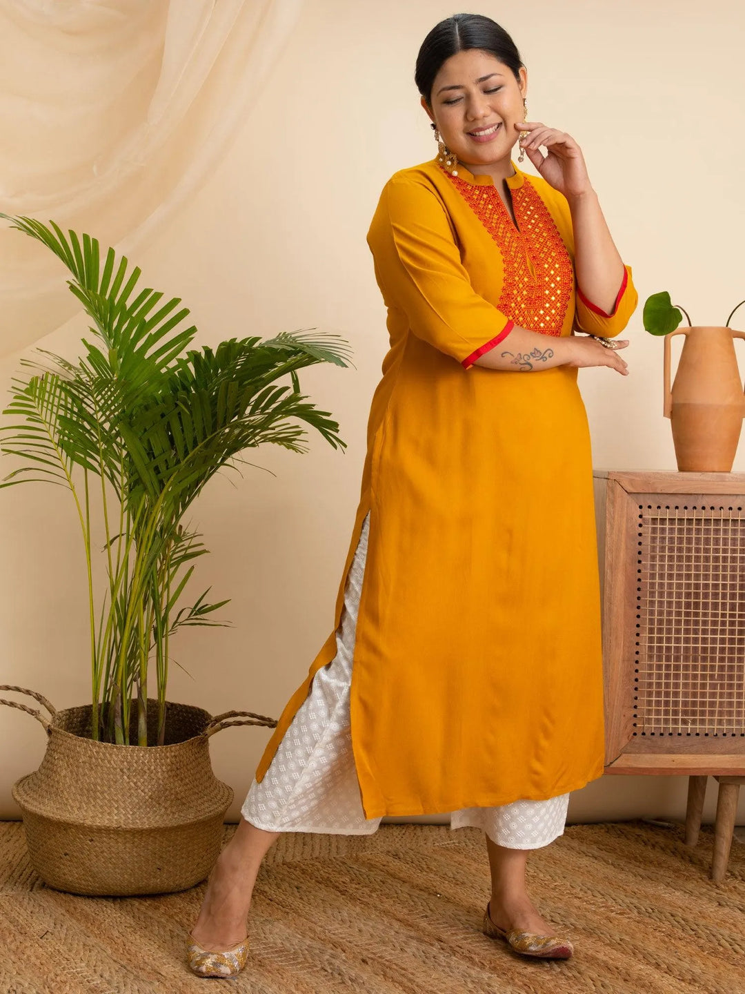 Plus Size Yellow Embroidered Rayon Kurta - Libas 