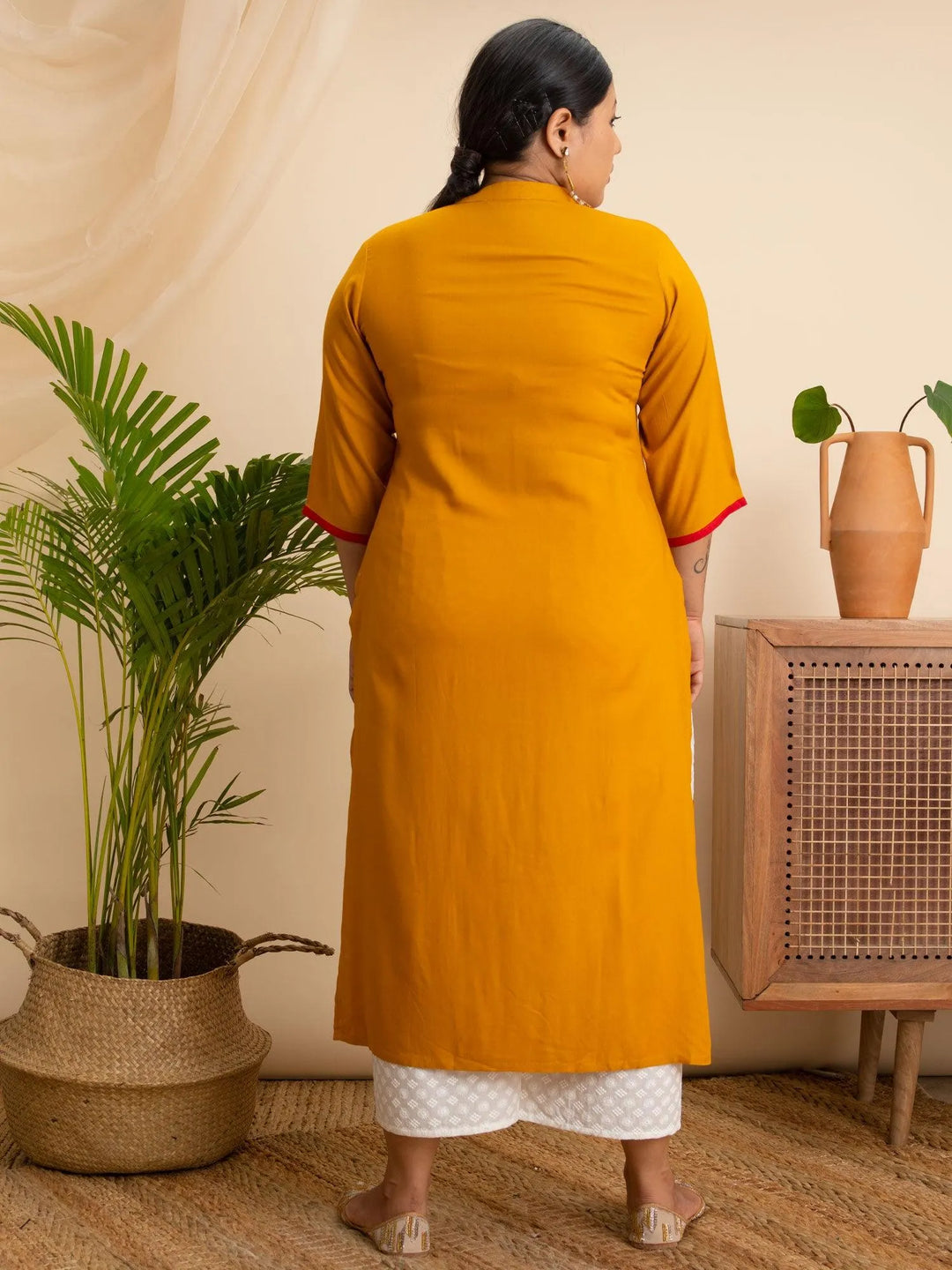 Plus Size Yellow Embroidered Rayon Kurta - Libas 