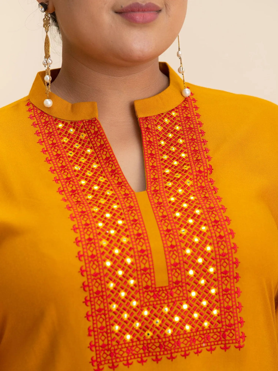 Plus Size Yellow Embroidered Rayon Kurta - Libas 