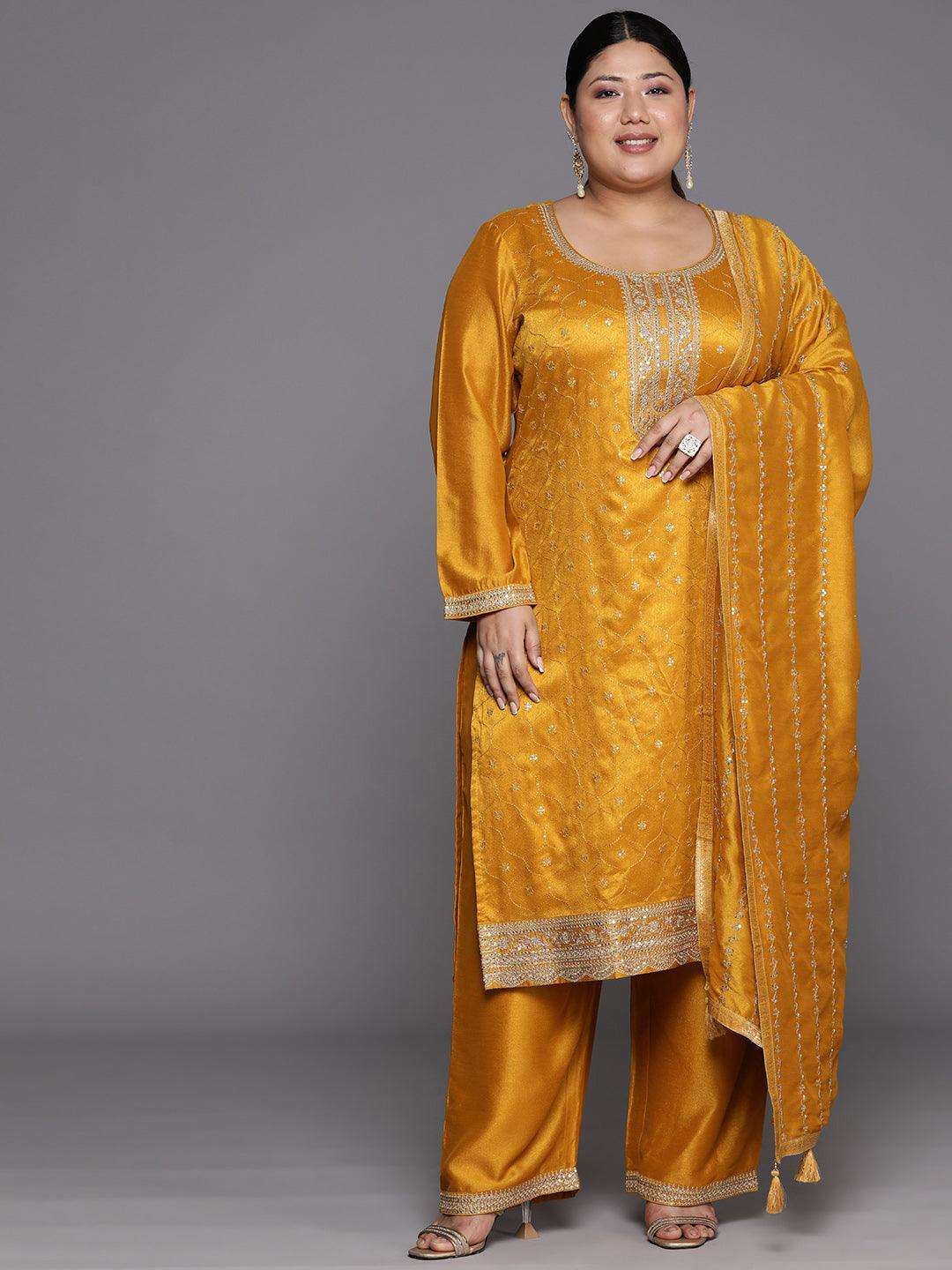 Plus Size Yellow Embroidered Silk Blend Straight Suit Set - Libas