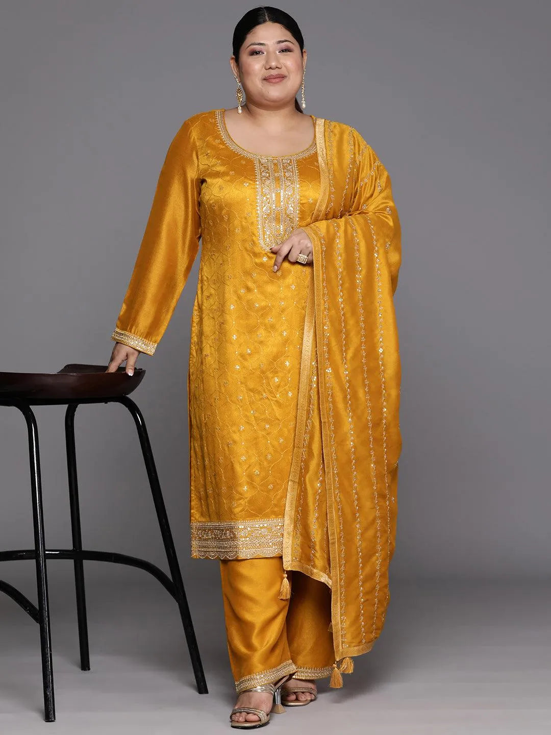 Plus Size Yellow Embroidered Silk Blend Straight Suit Set - Libas