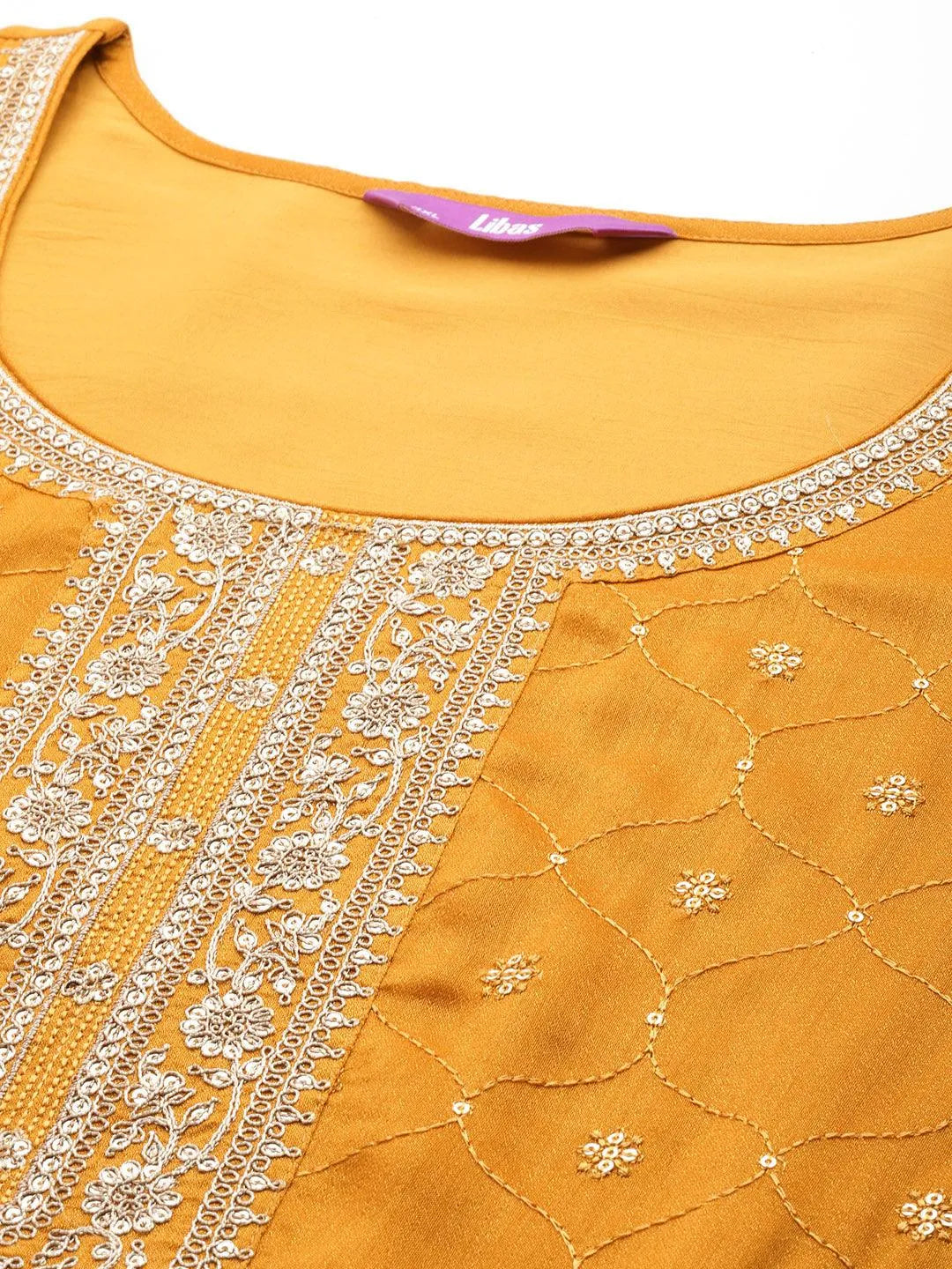 Plus Size Yellow Embroidered Silk Blend Straight Suit Set - Libas