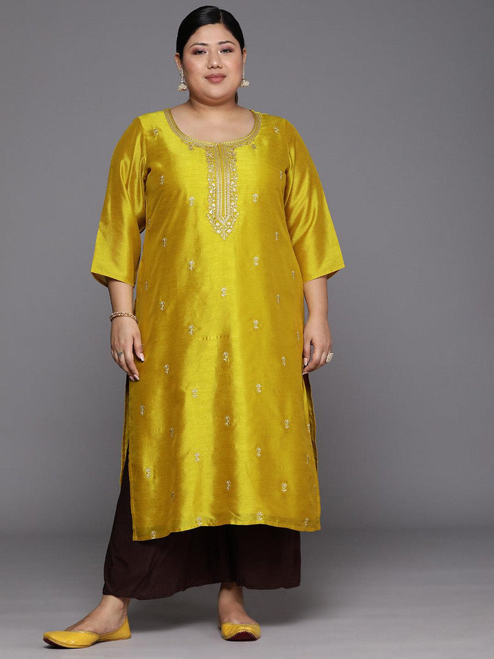 Plus Size Yellow Embroidered Silk Straight Kurta - Libas