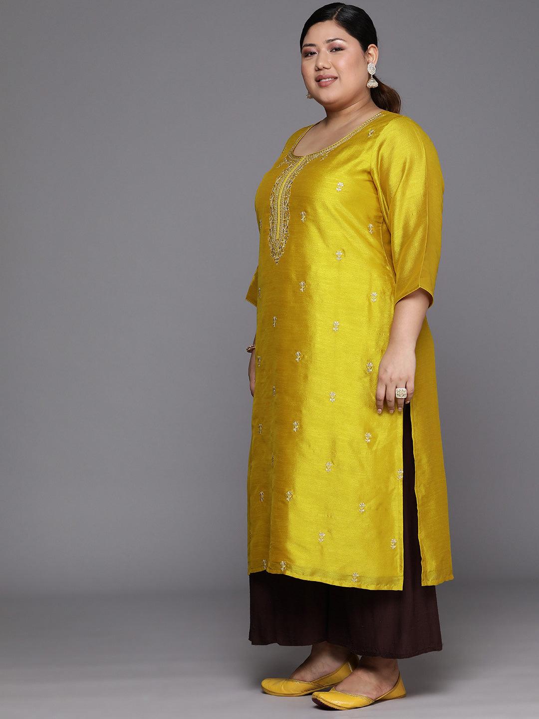 Plus Size Yellow Embroidered Silk Straight Kurta - Libas