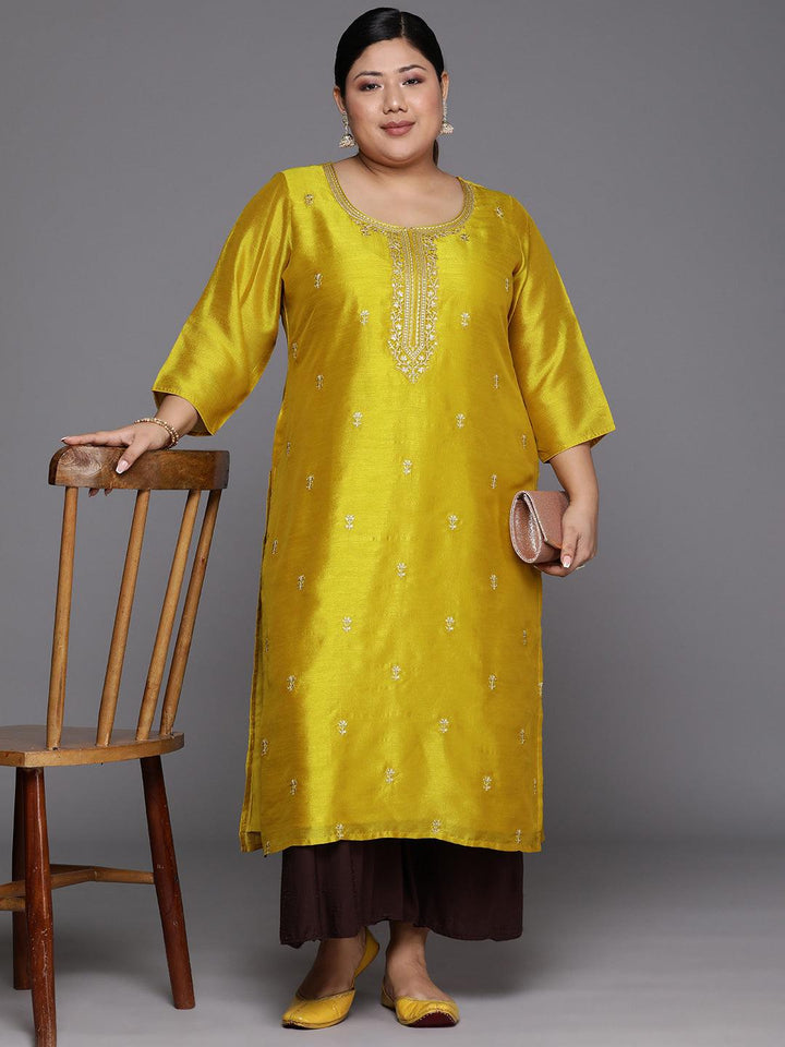 Plus Size Yellow Embroidered Silk Straight Kurta - Libas