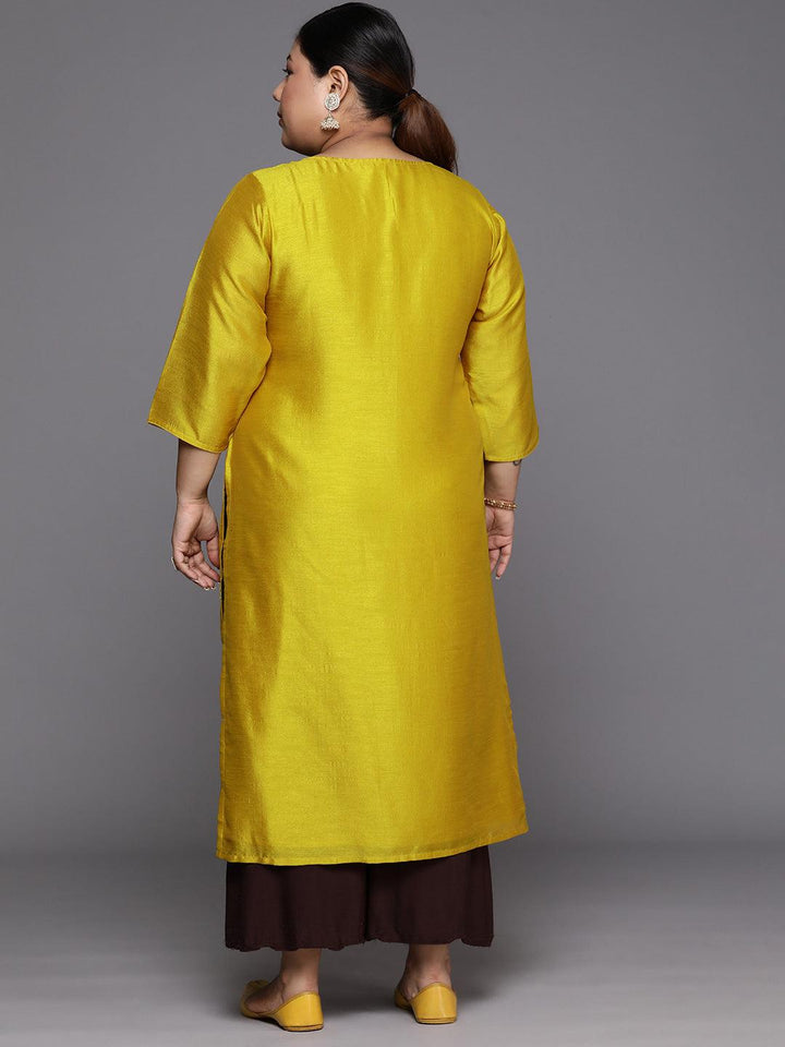 Plus Size Yellow Embroidered Silk Straight Kurta - Libas