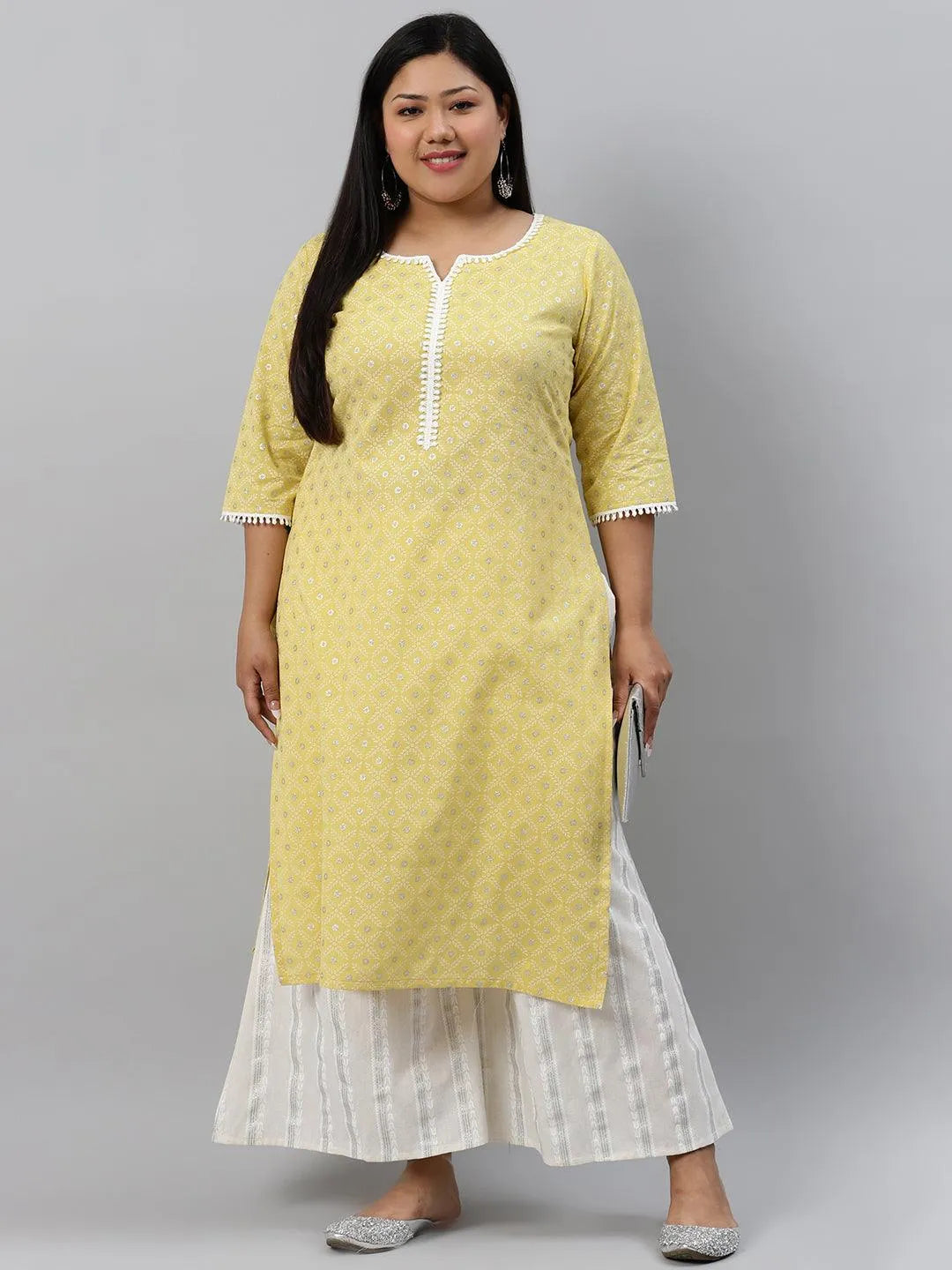 Plus Size Yellow Printed Cotton Kurta - Libas 