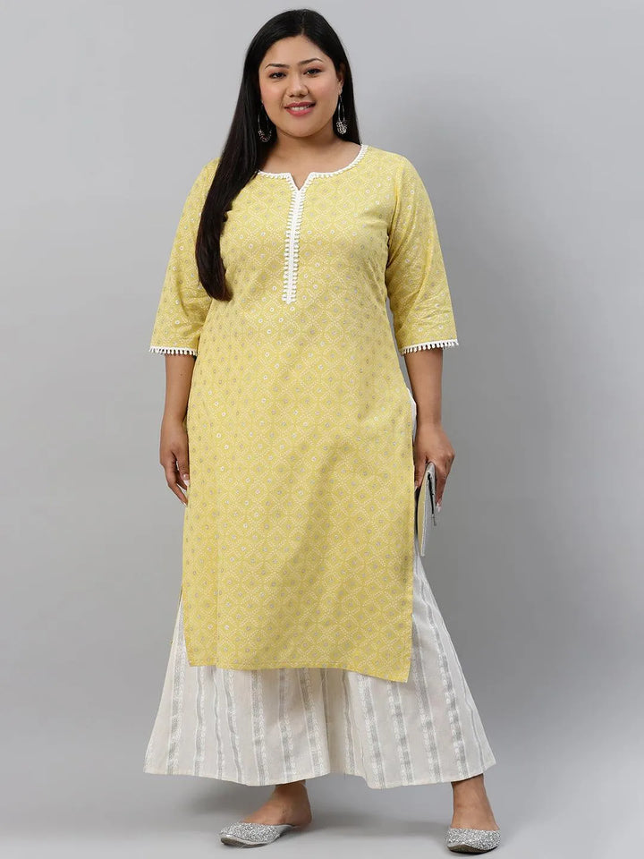 Plus Size Yellow Printed Cotton Kurta - Libas