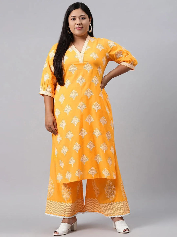 Plus Size Yellow Printed Cotton Kurta - Libas