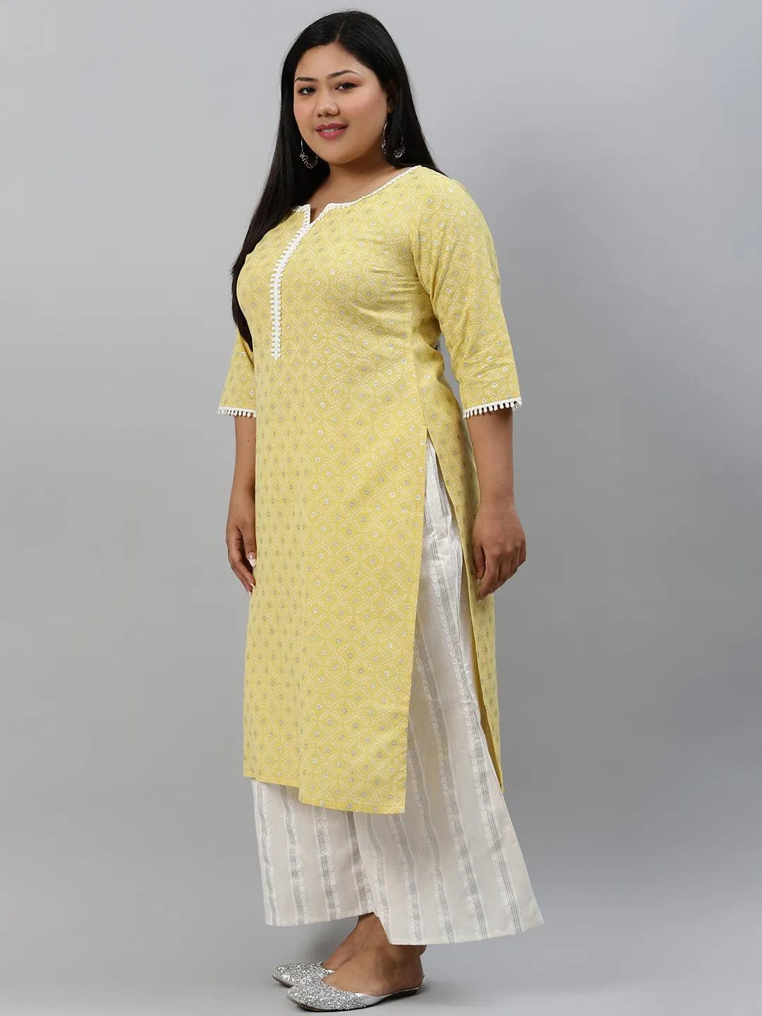 Plus Size Yellow Printed Cotton Kurta - Libas 