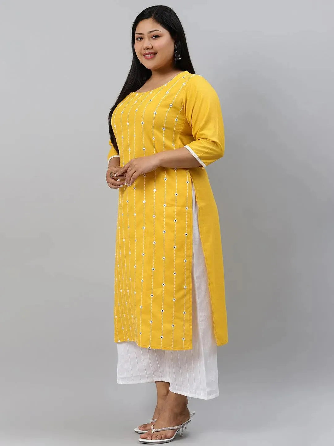 Plus Size Yellow Printed Cotton Kurta - Libas 