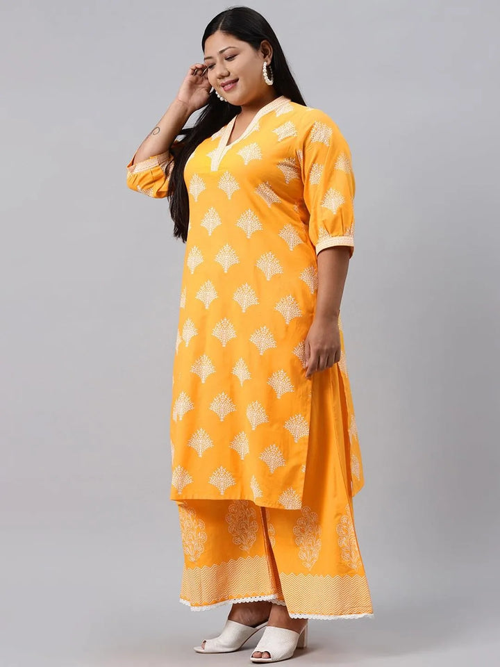 Plus Size Yellow Printed Cotton Kurta - Libas