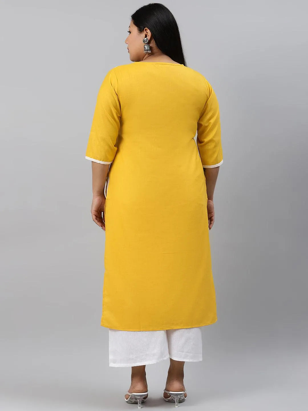 Plus Size Yellow Printed Cotton Kurta - Libas 