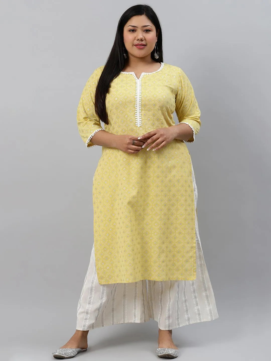 Plus Size Yellow Printed Cotton Kurta - Libas 