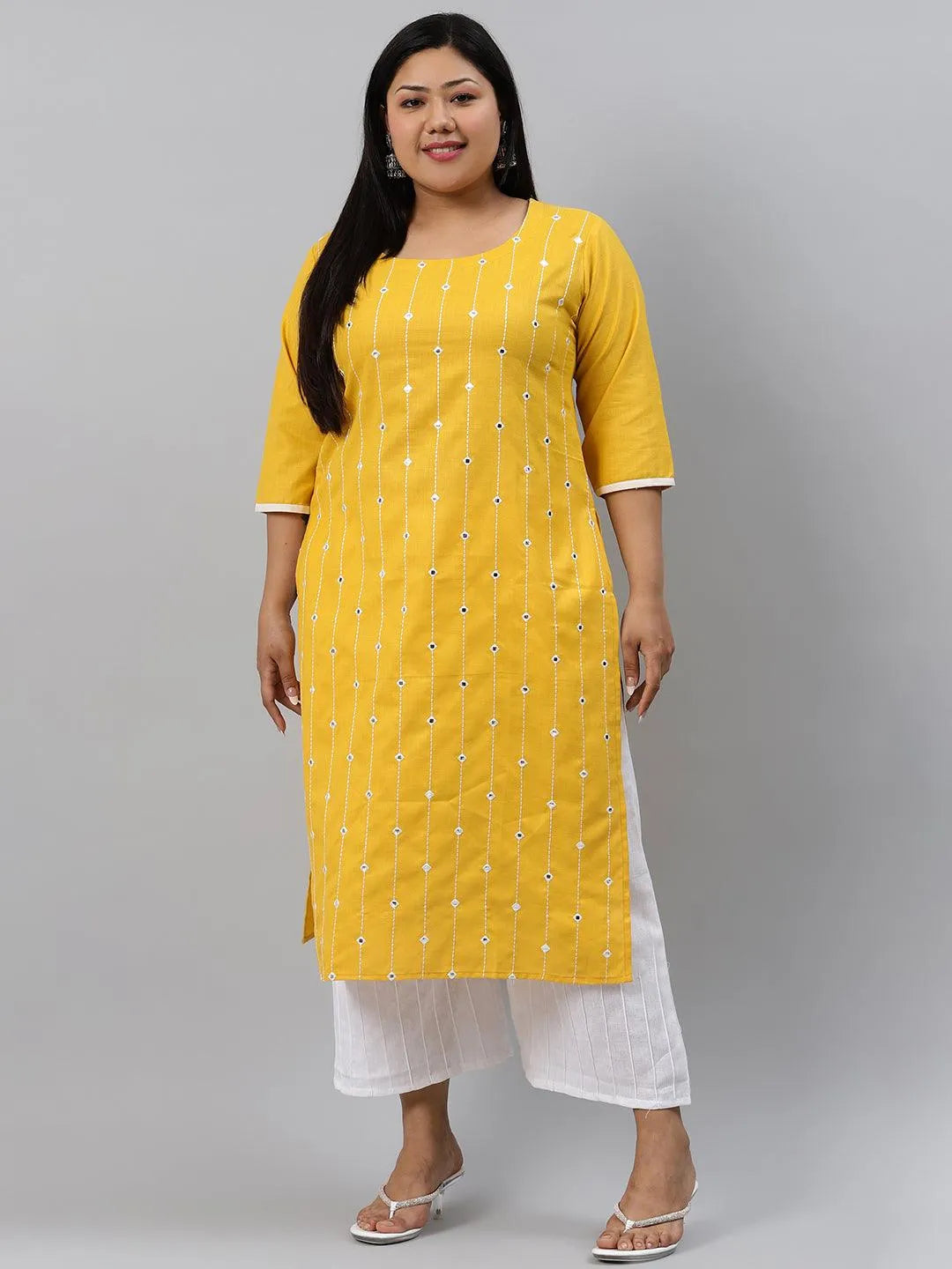 Plus Size Yellow Printed Cotton Kurta - Libas