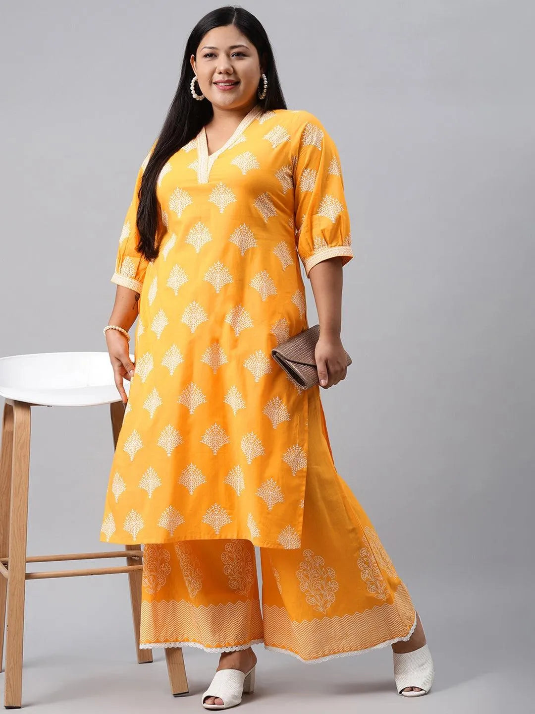 Plus Size Yellow Printed Cotton Kurta - Libas