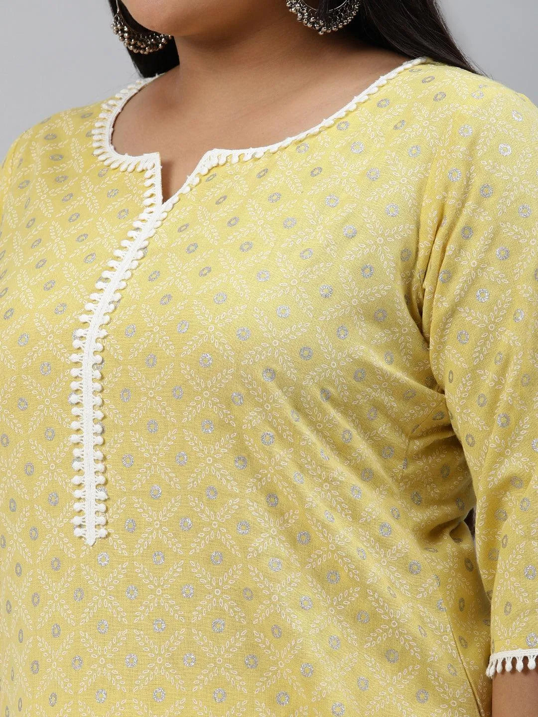 Plus Size Yellow Printed Cotton Kurta - Libas 