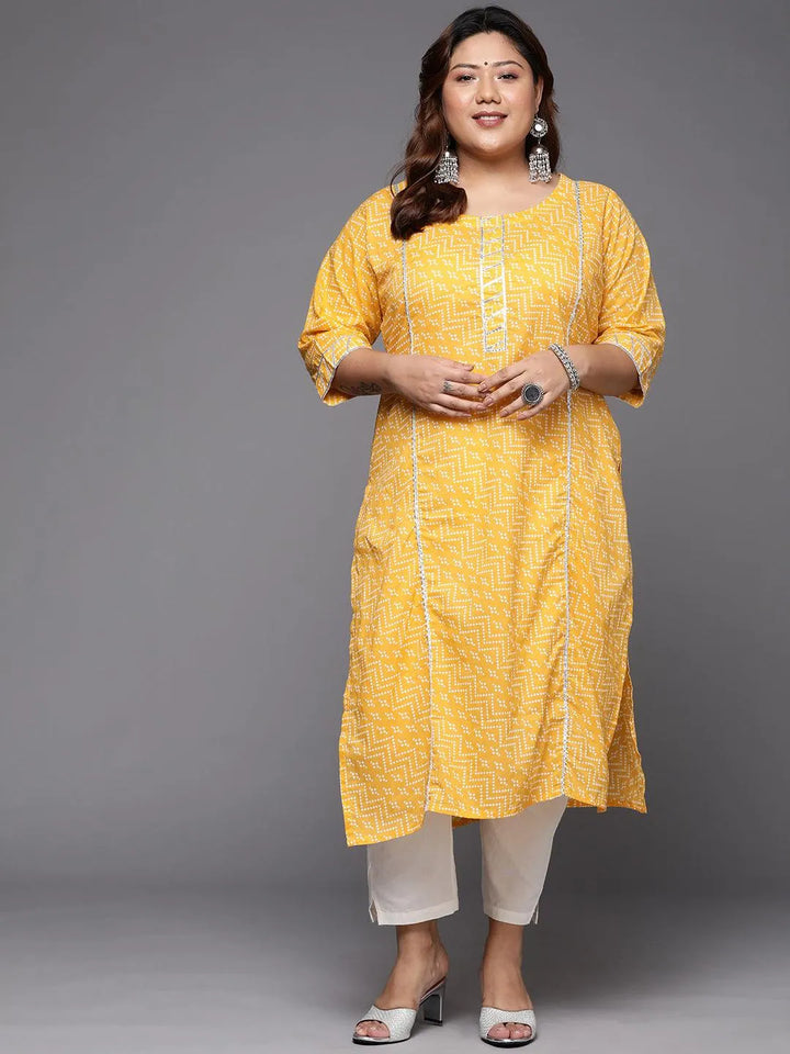 Plus Size Yellow Printed Cotton Straight Kurta - Libas