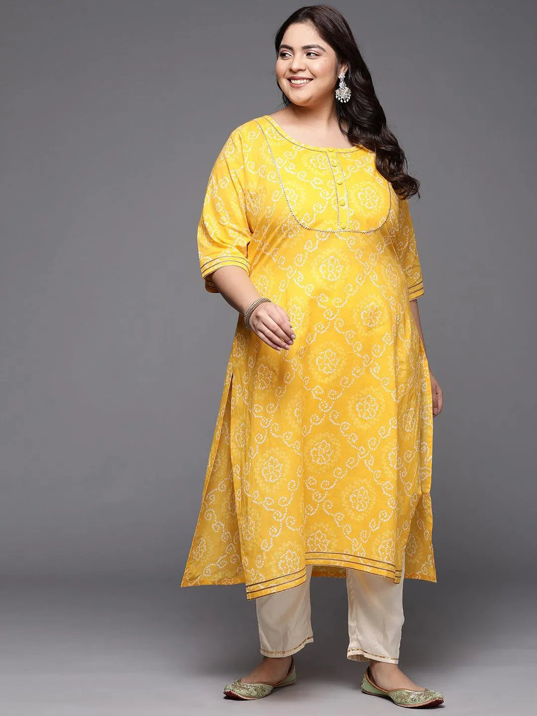 Plus Size Yellow Printed Cotton Straight Kurta - Libas