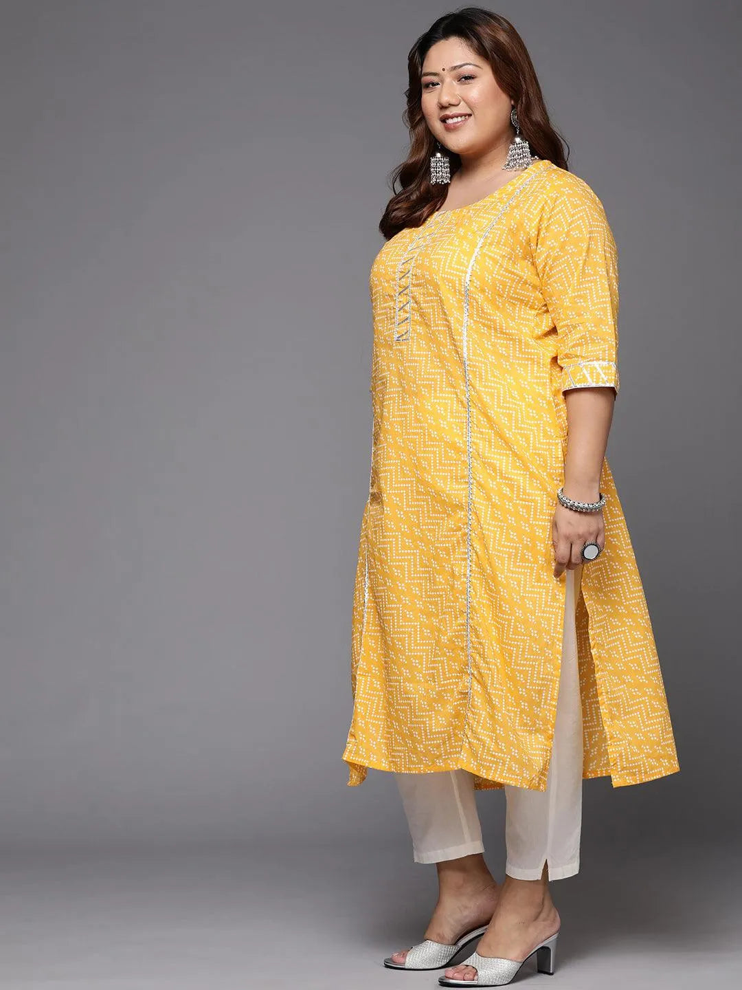 Plus Size Yellow Printed Cotton Straight Kurta - Libas