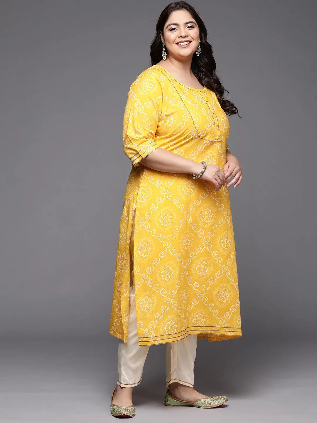 Plus Size Yellow Printed Cotton Straight Kurta - Libas