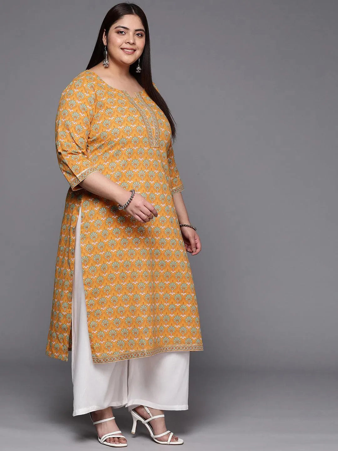 Plus Size Yellow Printed Cotton Straight Kurta - Libas 