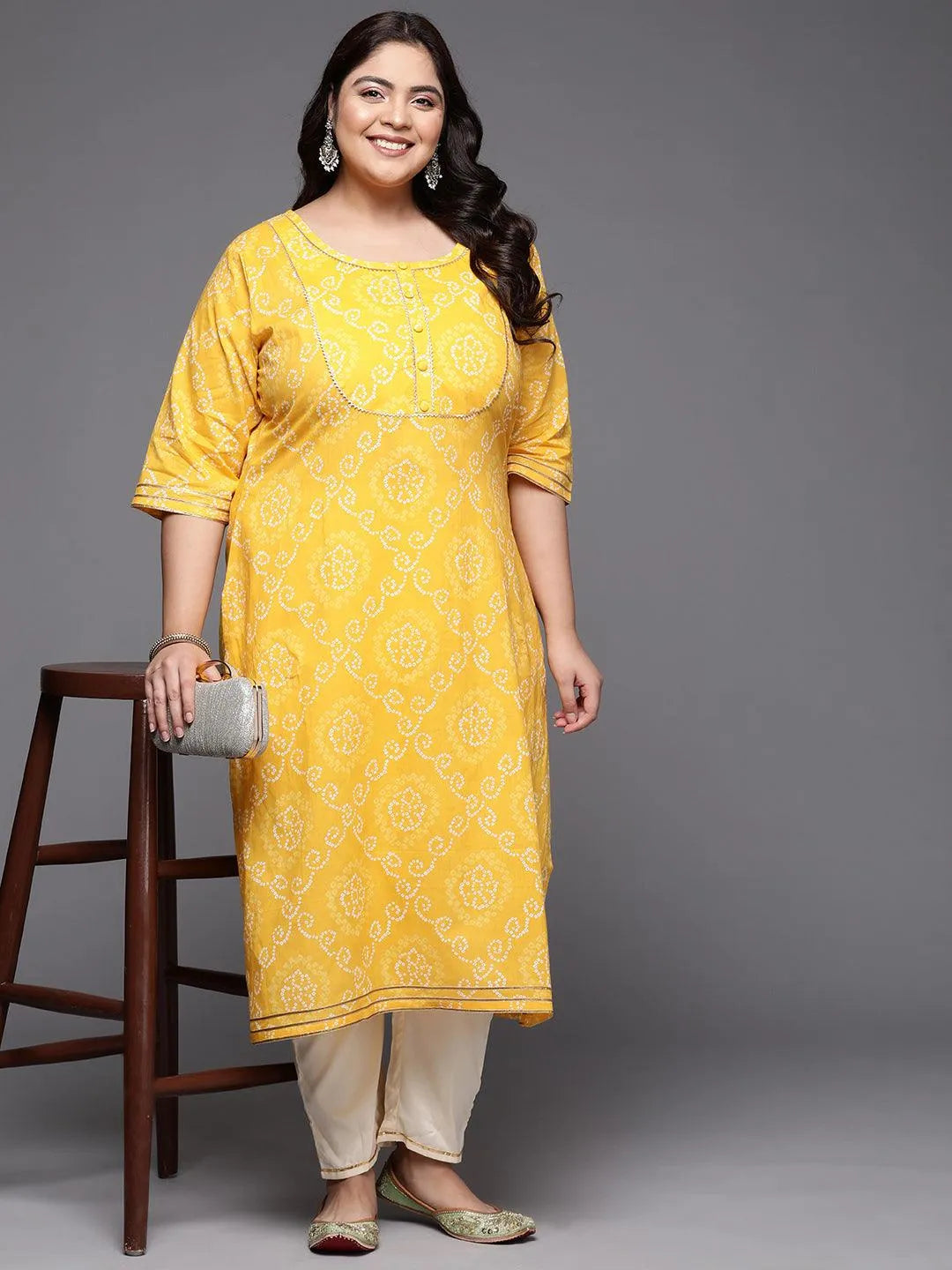 Plus Size Yellow Printed Cotton Straight Kurta - Libas