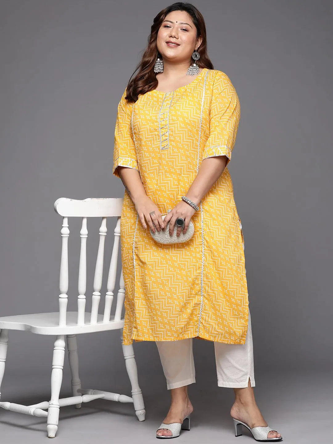 Plus Size Yellow Printed Cotton Straight Kurta - Libas