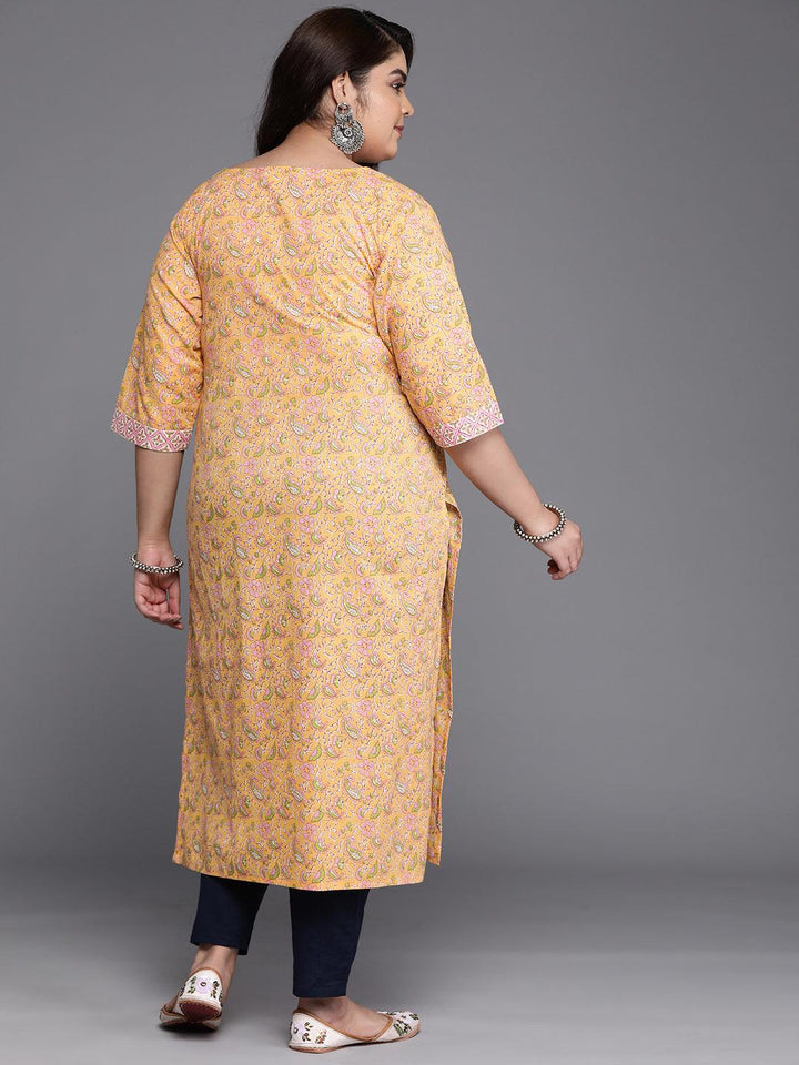 Plus Size Yellow Printed Cotton Straight Kurta - Libas