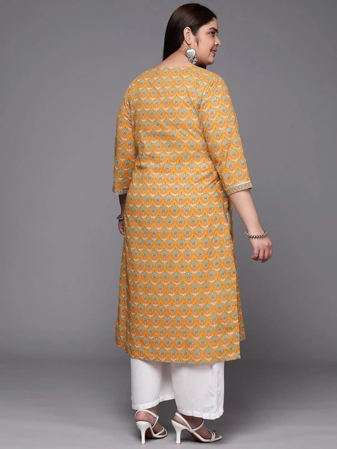 Plus Size Yellow Printed Cotton Straight Kurta - Libas